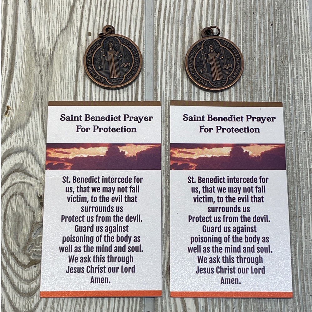 2pc Saint Benedict Medal Italy Copper Tone Religious Pendant with Prayer Cards